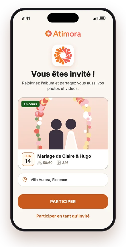 Écran d'invitation pour rejoindre un événement sur Atimora
